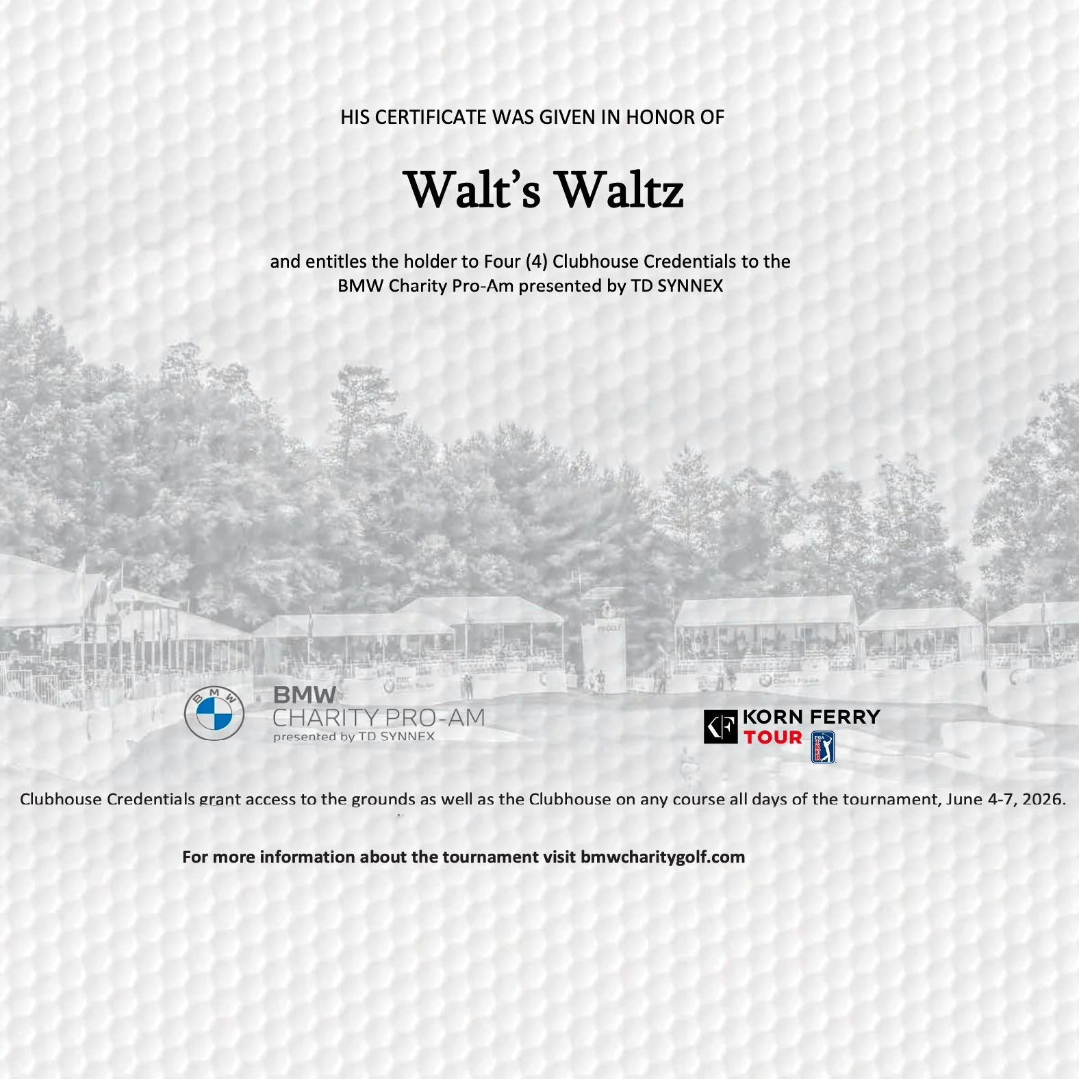 BMW Charity Pro-AM Gift Certificate 4 Club House Credentials Tickets