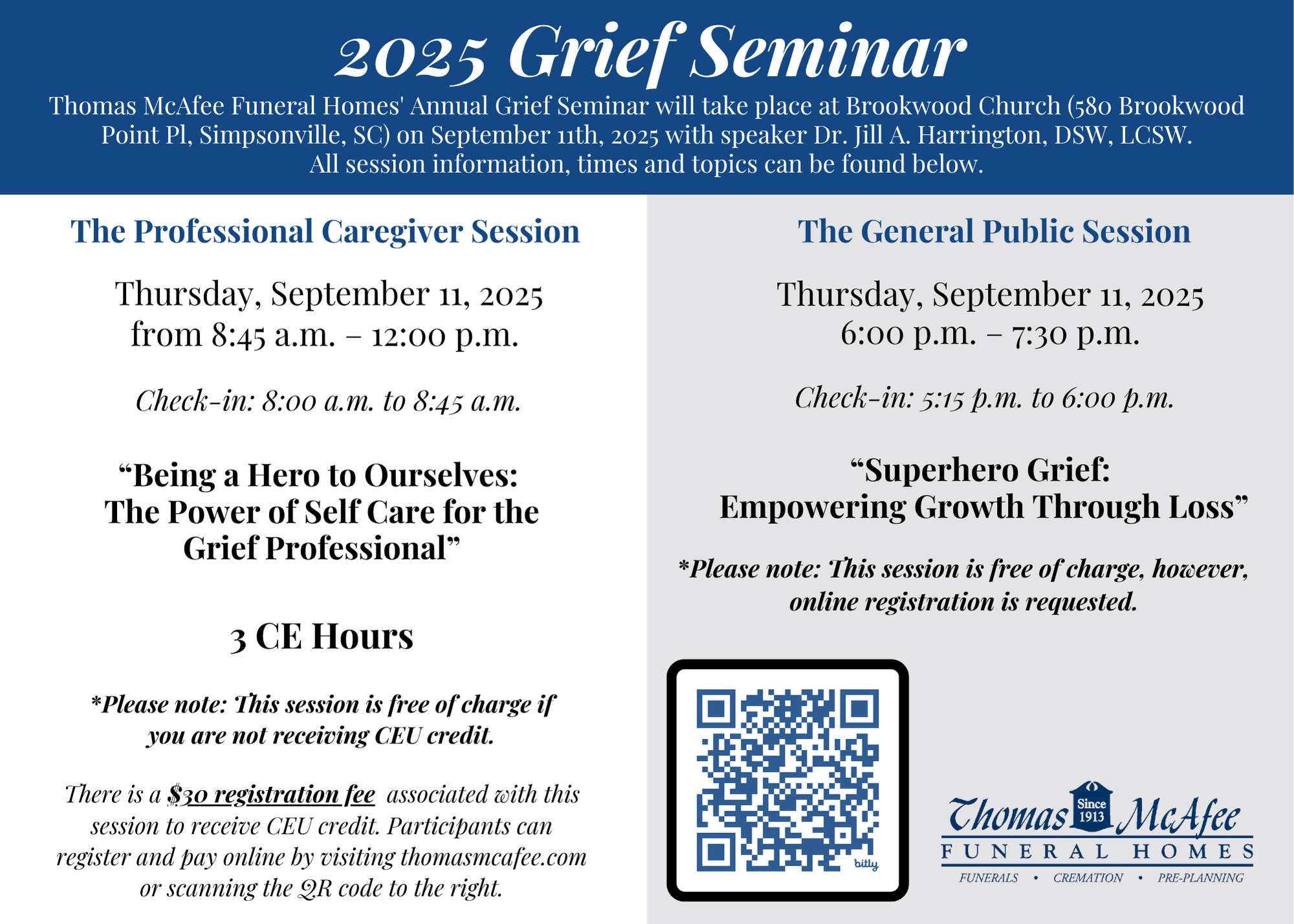 Grief Seminar 8:00 - 12:00 and evening session 6:00 - 7:30