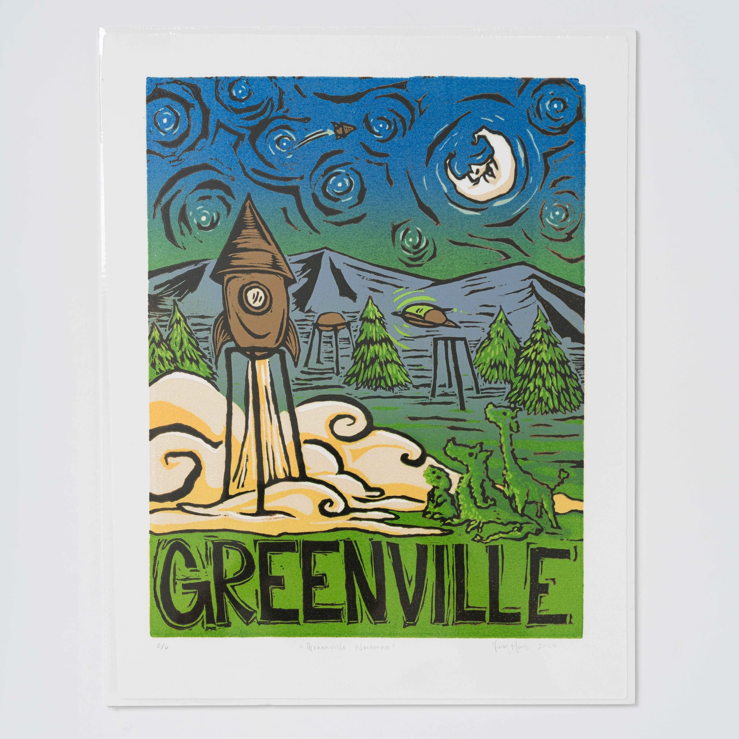 "Greenville Nocturne" Woodcut Print by Utopian Prints