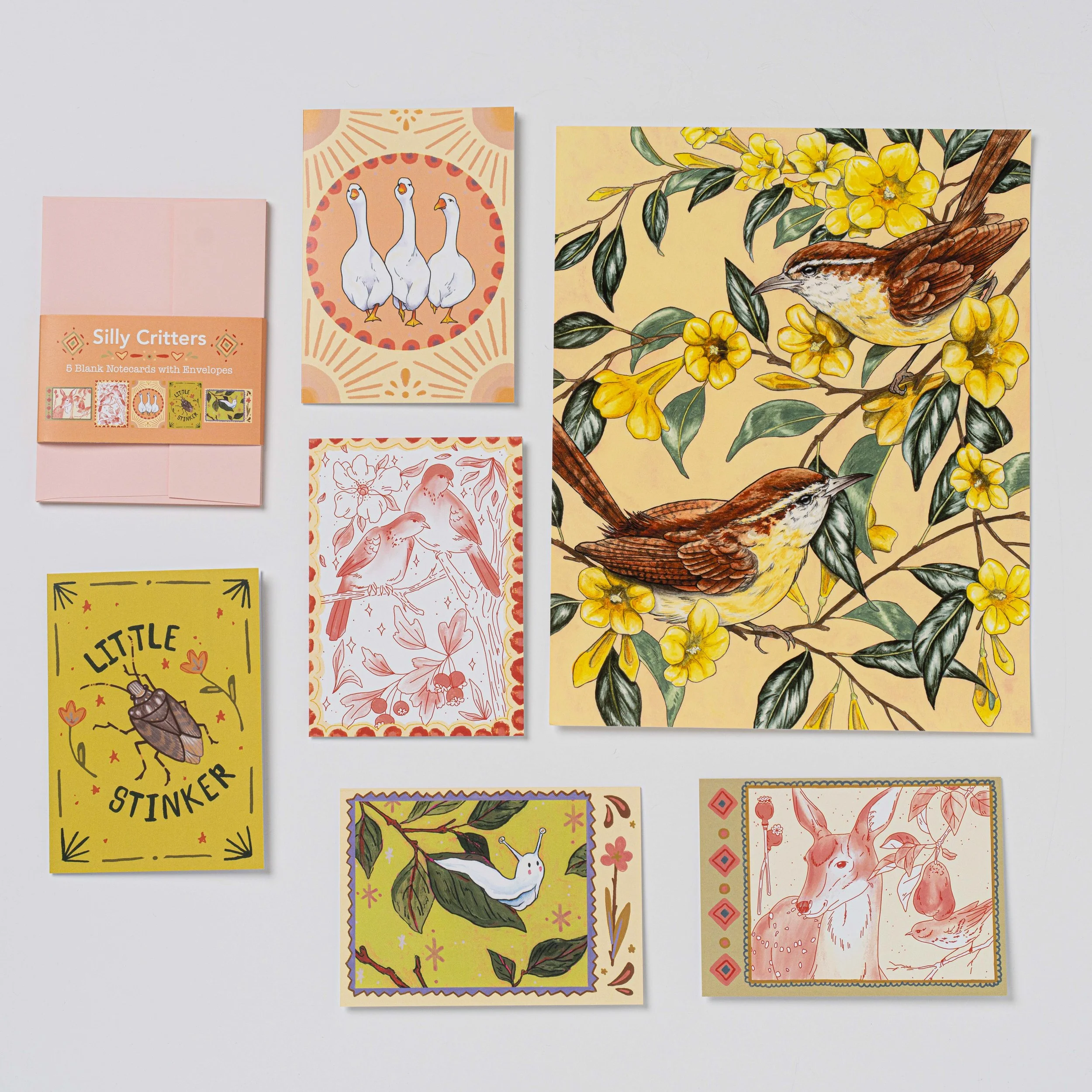 “Wren and Jasmine in Yellow" print and Silly Critters card set bundle  by Red DuMonde