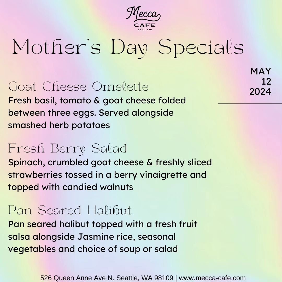 Join us in celebrating Mom this Sunday, May 12th ✌️

We're serving up our usual menu full of homemade, classic comfort foods plus - 

🟣 Goat Cheese Omelette: Fresh basil, tomato &amp; goat cheese folded between 3 eggs. Served alongside smashed herbs