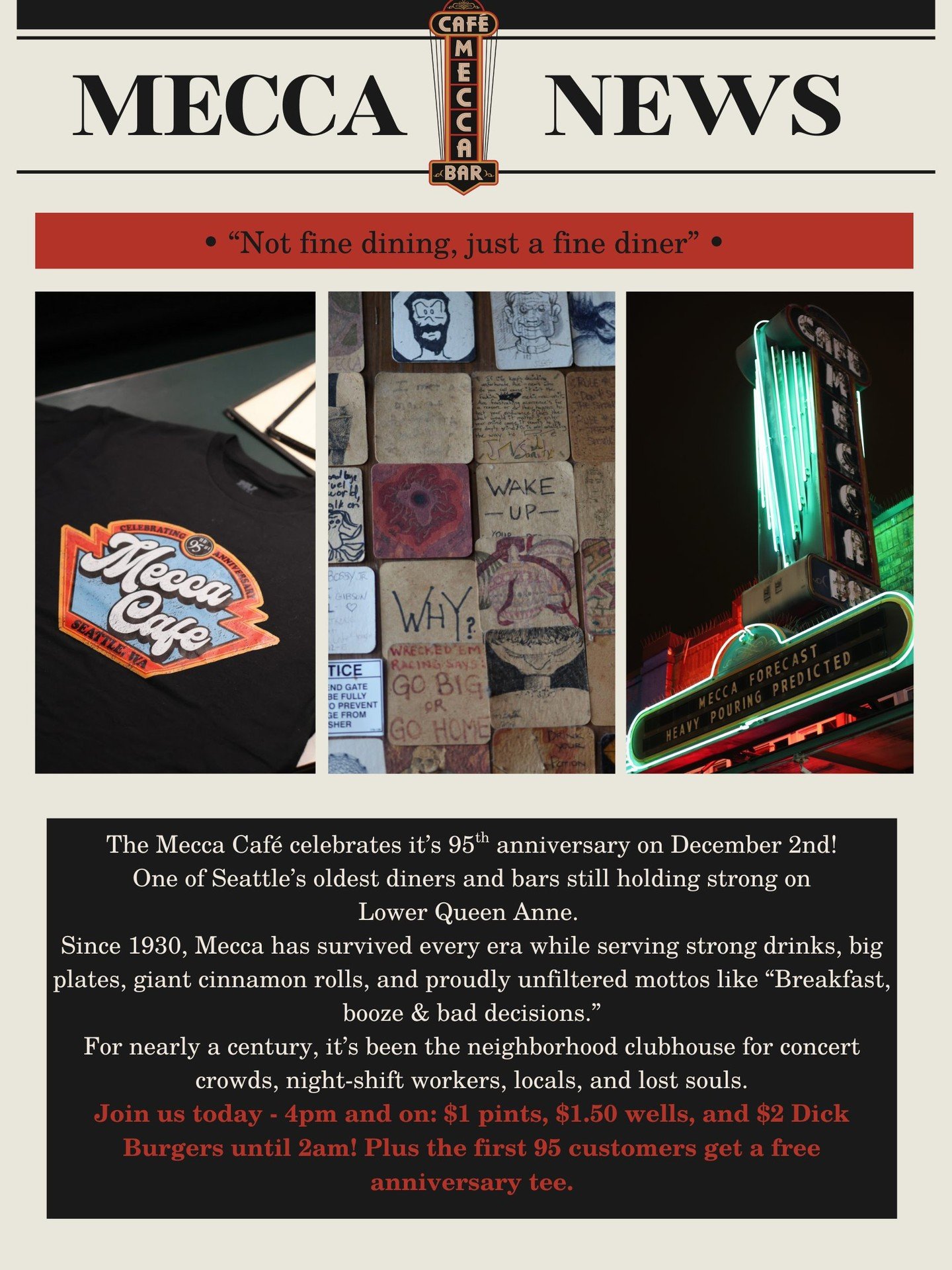 Join us tomorrow - 4pm and on: $1 pints, $1.50 wells, and $2 Dick Burgers until 2am! Plus the first 95 customers get a free anniversary tee!

Cheers to 95 years, and we can't wait for many more with you all🧡 

#meccacafe #since1930 #notfinedining #j