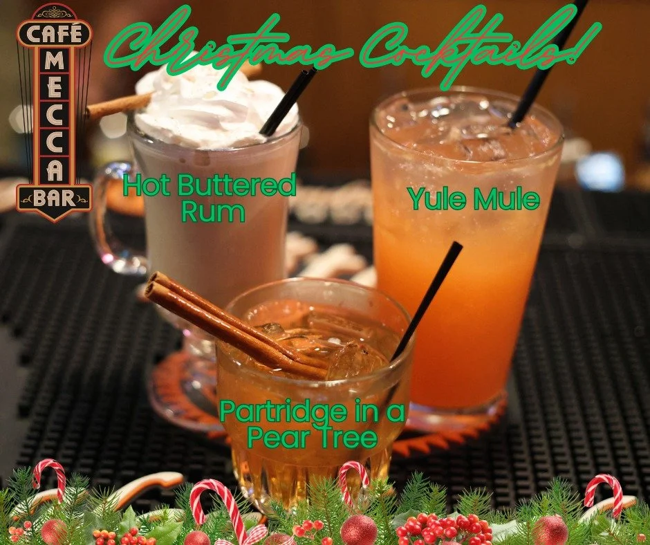Christmas cocktails? Yes, please.
Warm up for the holidays with a Hot Buttered Rum, Partridge in a Pear Tree, or a Yule Mule.
By the bottom of the glass, you&rsquo;ll be feeling just festive enough to start caroling (on purpose or not) 

#meccacafe #