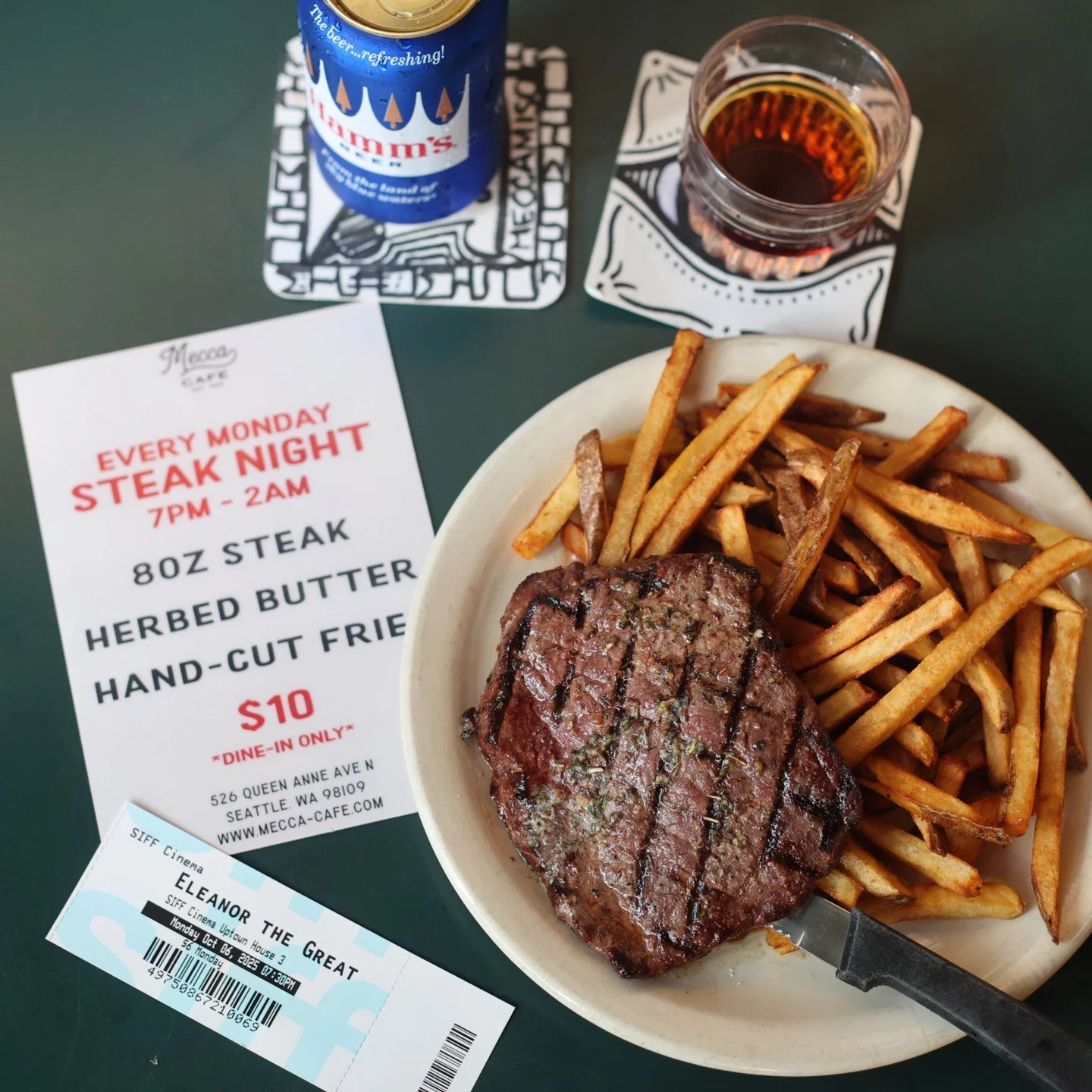 Here to remind you of our incredible Monday night deal from 7pm-2am: 8oz steak however you like &amp; a side of fries for just $10! Plus, enjoy a cold Hamm's and a strong shot of whiskey for just $6 extra.

Want to make it even better? Go see a movie