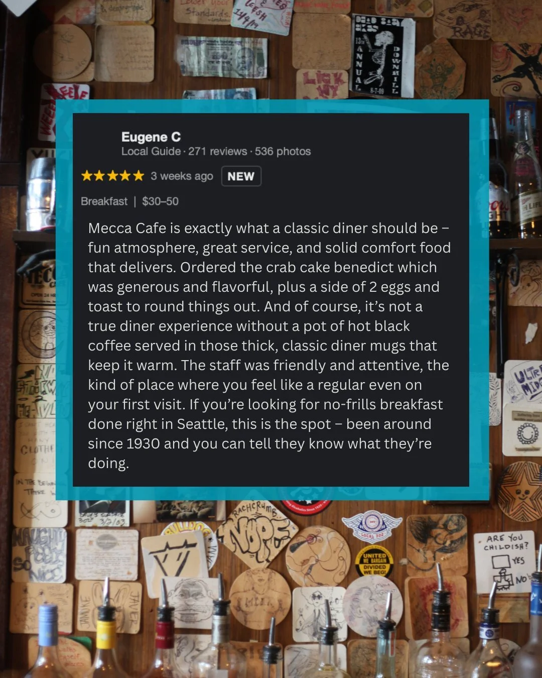 Classic diner vibes and no-nonsense service is what we do best. Thanks for the shoutout, Eugene! We&rsquo;re glad you appreciate our craft &amp; our cozy spot 🥰 

#MeccaCafe #since1930 #lowerqueenanne #seattlediner #classicseattle