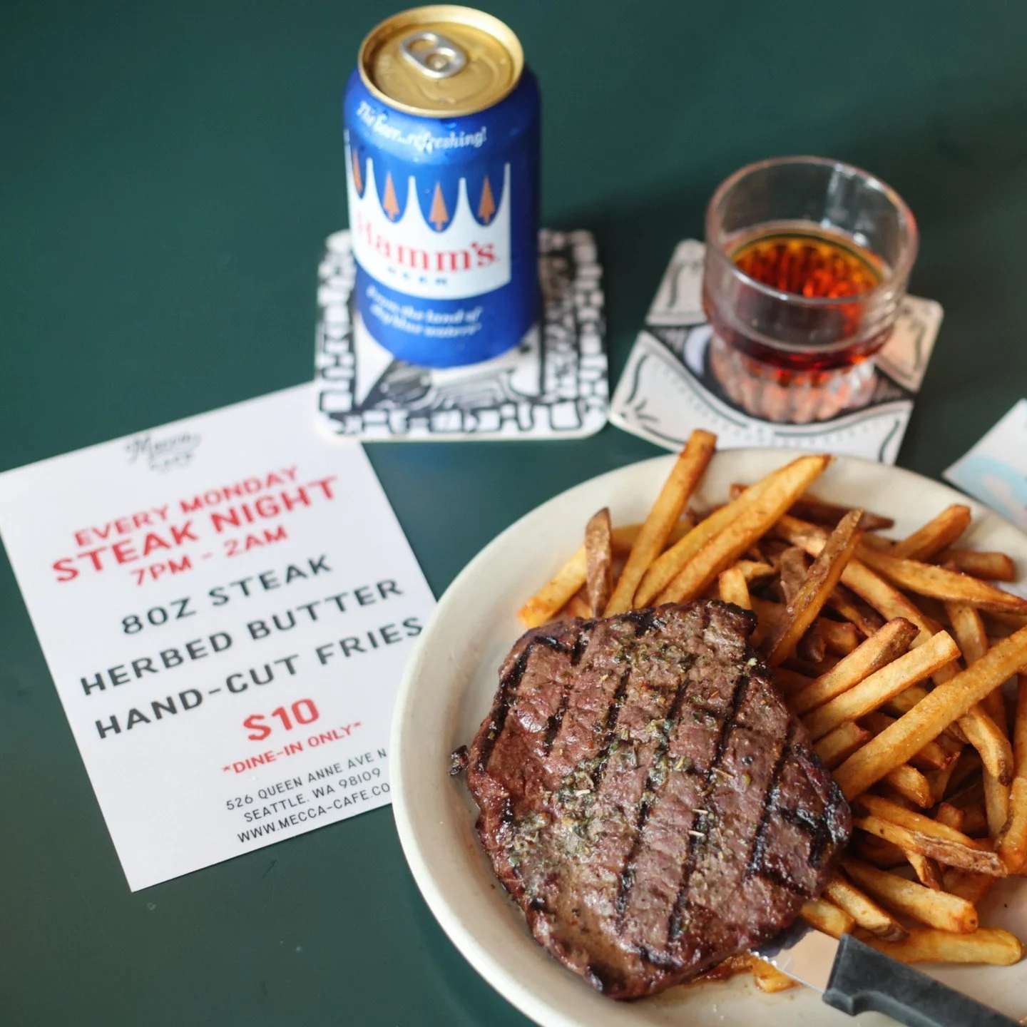 If you live in Queen Anne and aren't at The Mecca on Mondays... what are you doing? 🥩

For just $10, you get an 8oz steak grilled to perfection, topped with creamy herb butter and a side of hand-cut fries. Make it a full "Queen Anne Happy Meal&