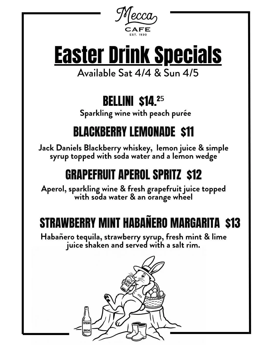 Feel like having a drink this holiday weekend? Funny, we had the exact same thought. Stop by after the egg hunt, before dinner with the relatives, or after pretending you enjoyed either one.

Happy Easter from your favorite neighborhood hideaway🍸🐣
