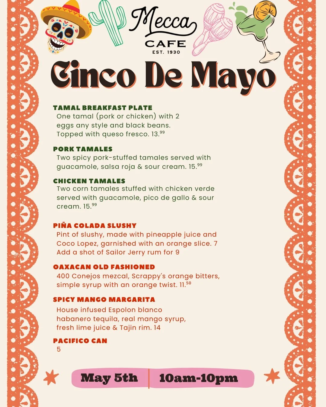 Cinco de Mayo falls on a Tuesday this year&hellip; and as much as that sucks, we're way too cool to care! 

On 5/5 from 10am to 10pm, we're serving up a Tamale breakfast plate, plus Pork Tamales &amp; Chicken Tamales! Sip on a Pi&ntilde;a Colada Slus