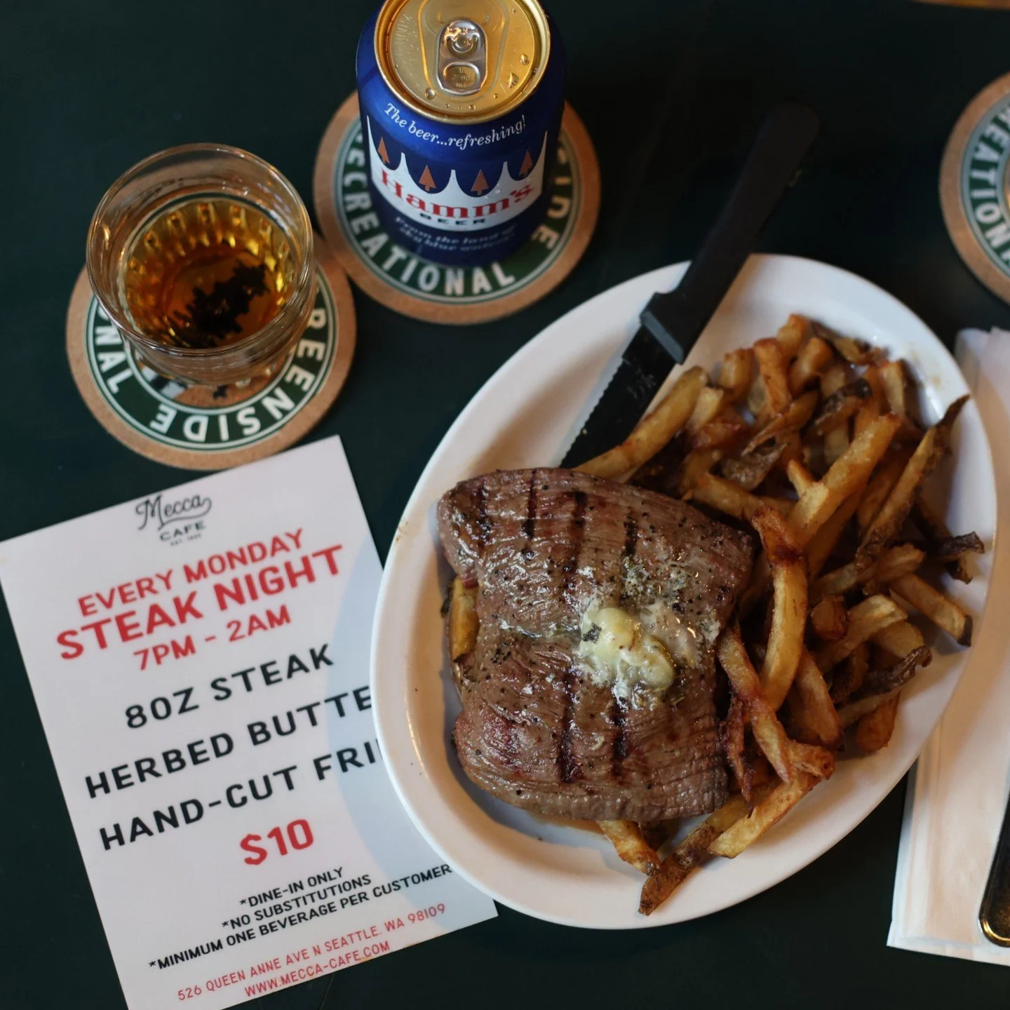 $10 Steak Night never misses🥩 

A juicy 8oz steak drenched in garlic butter, crispy hand-cut fries on the side, and somehow it&rsquo;s still only ten bucks every Monday at Mecca Cafe from 7pm-2am!

Yeah, we&rsquo;re serious. And yeah, it's actually 