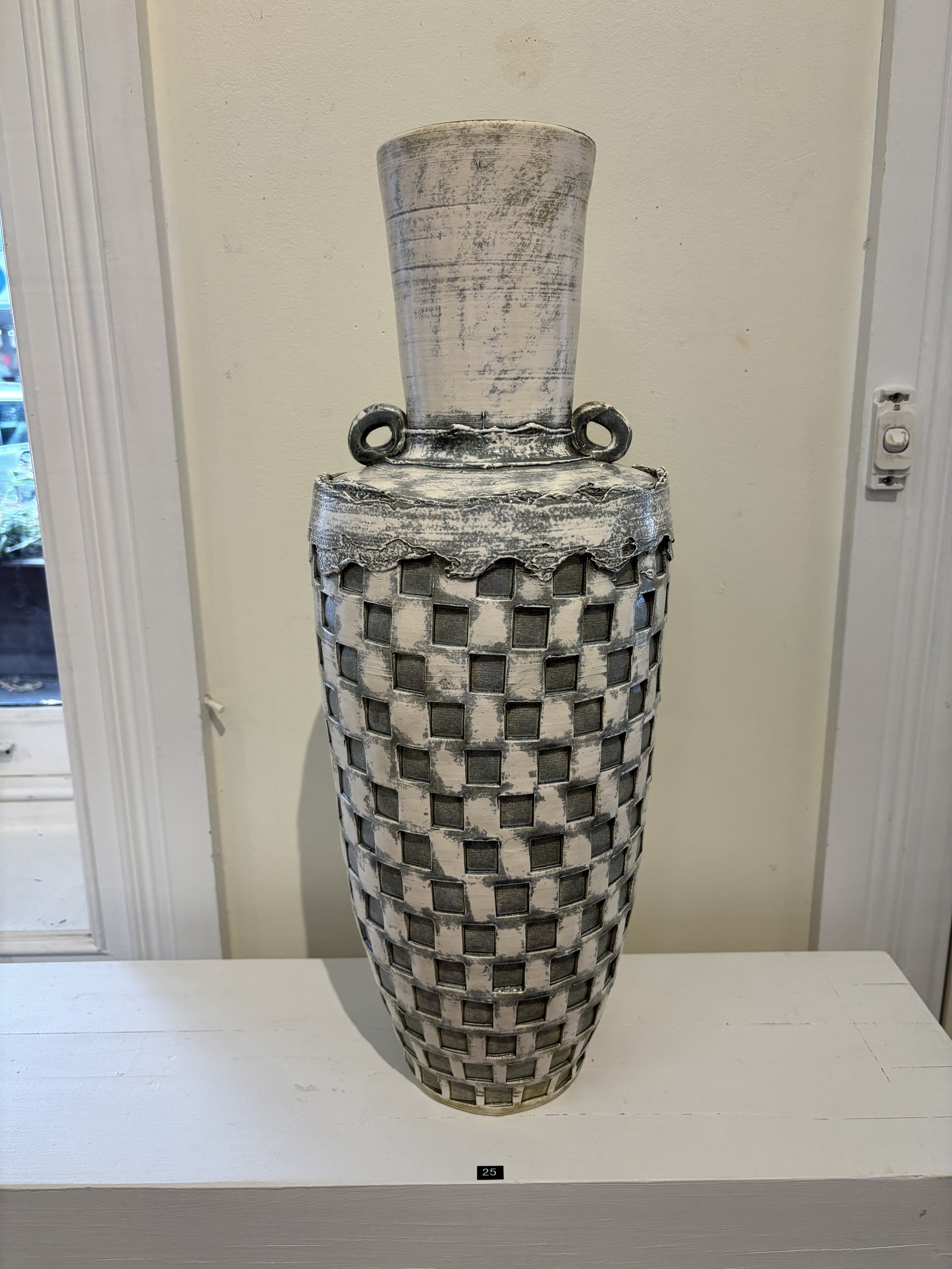 SOLD. 25. Low-Fired Pot (Checkered Pattern) 