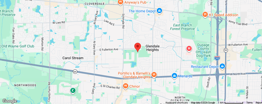 Map showing the area around Glendale Heights with nearby roads, parks, and landmarks including Portillo's, Chinor, Restaurant Depot, and The Home Depot.