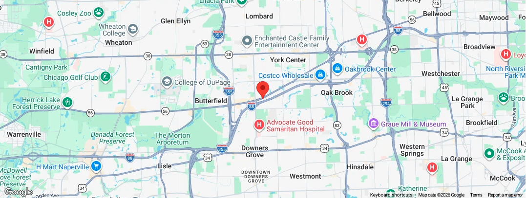 Map of the northwest suburbs of Chicago, Illinois, showing highways, parks, hospitals, and landmarks such as Costco Wholesale, Chicago Golf Club, and Cantigny Park.