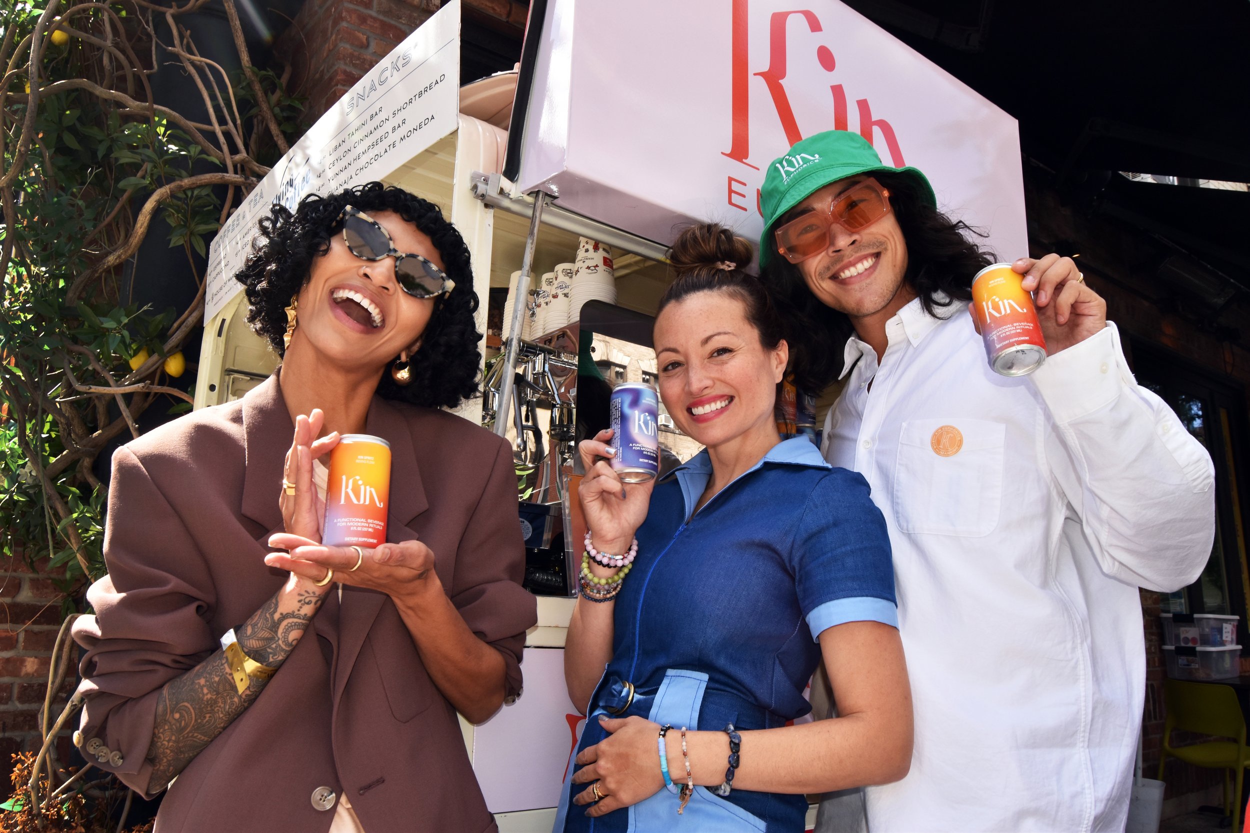  Kin Euphorics Krew: Founder Jen Batchelor, left Sophia Roe, right Phil Shu, in Little Italy.  