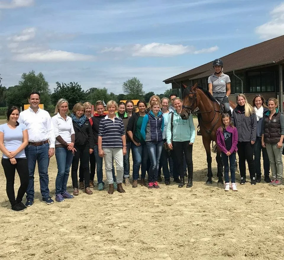 Each year DIPO students attend a practical horse training (ridden theory and practice) open day at Olympian and World Champion, Ingrid Klimke’s barn. Germany 2018. (Nicolett pictured third from left)