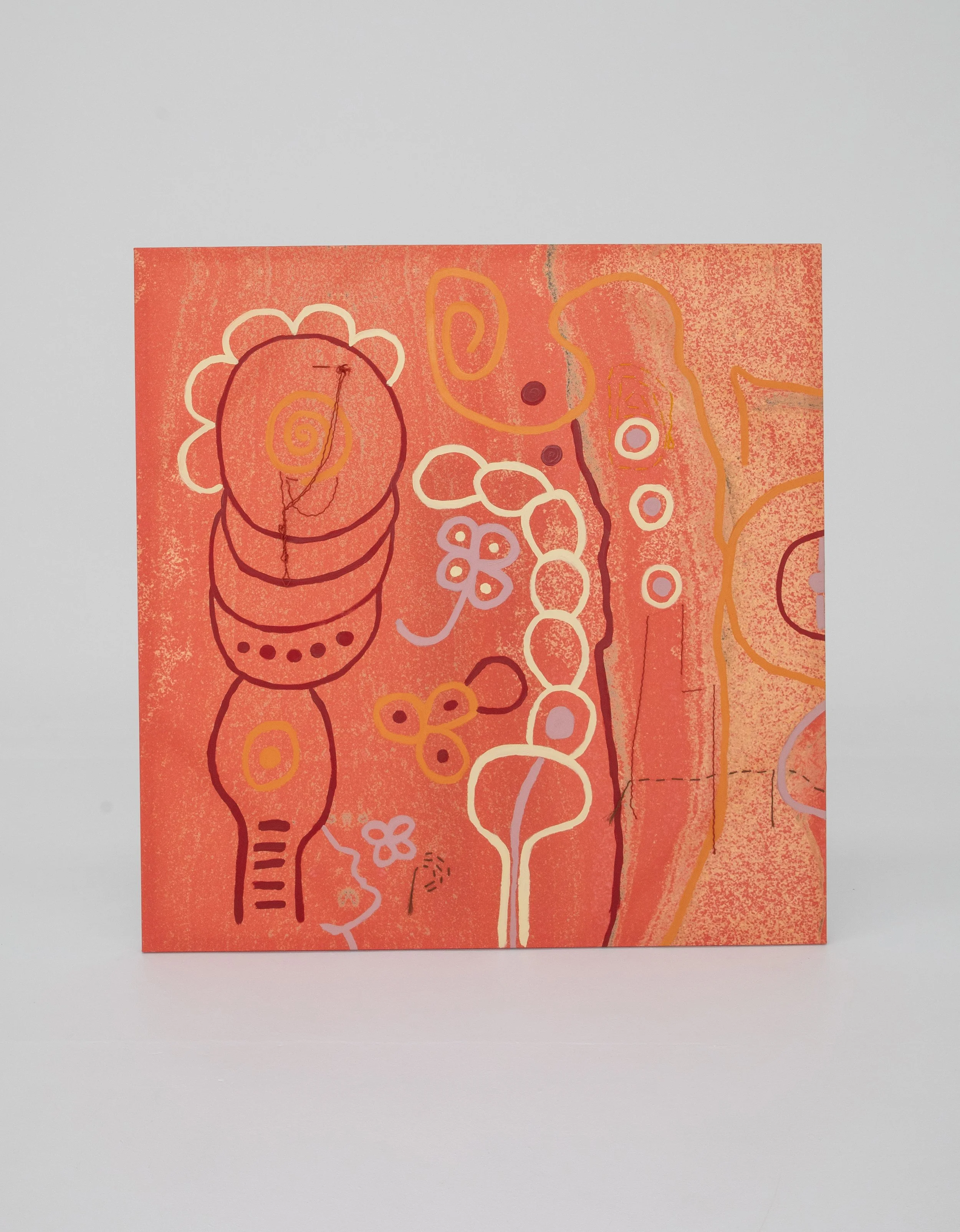 Abstract art with orange background featuring various drawn shapes and lines in white, black, yellow, and purple.