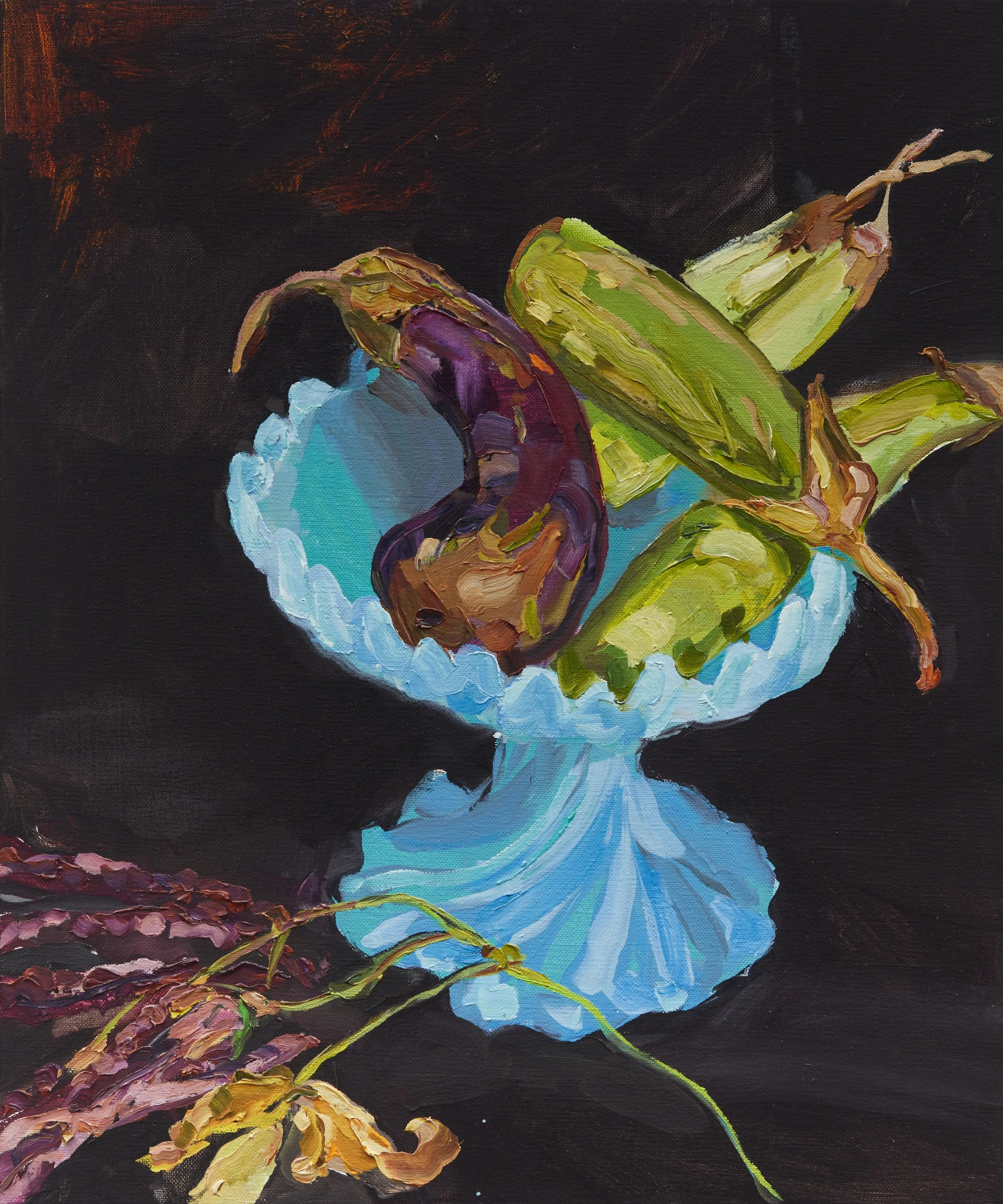 LJ0523_10_WEB Eggplant and snake beans with Olley’s blue glass bowl 2023, oil on linen, 60 x 50 cm.jpg