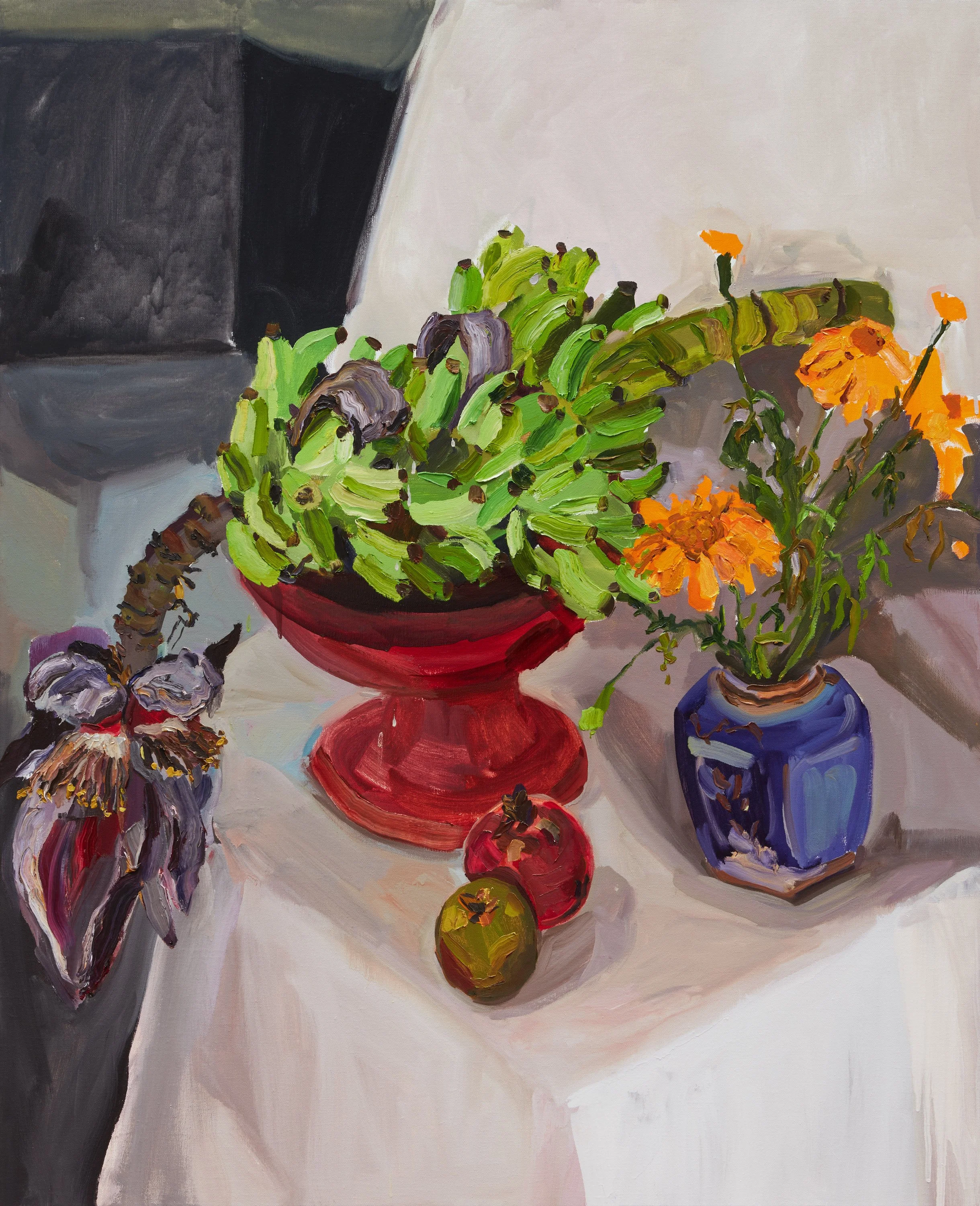 LJ0523_06_WEB Bananas with red laquer compote  2023, Oil on linen, 137 x 112 cm.jpg