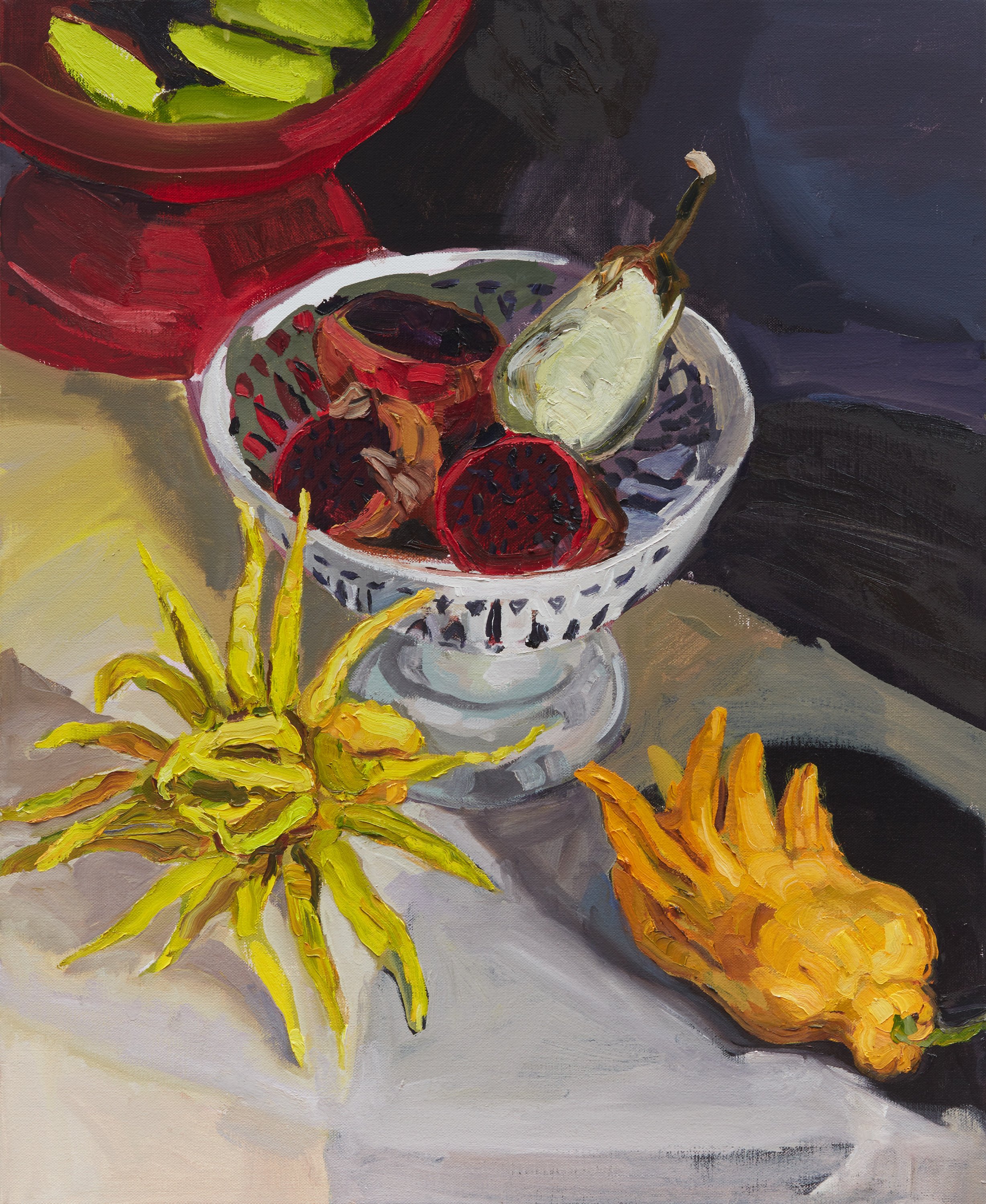 LJ0523_08_WEB Buddha’s hands and dragon fruit with Olley’s fruit bowls 2023, oil on linen, 80 x 65 cm.jpg