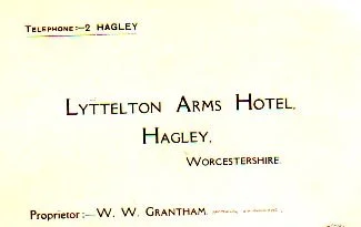 HS 4054 - Trade card from W.W. Grantham, Lyttelton Arms Hotel, Hagley, Worcestershire 1921