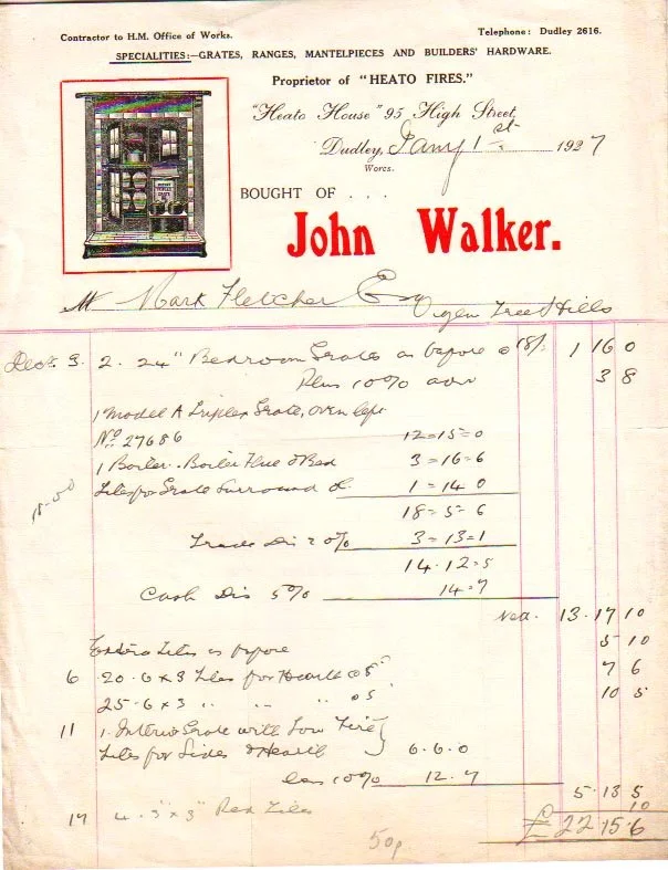 HS 4060 - Invoice from John Walker, Heato House, 95 High Street, Dudley 1927
