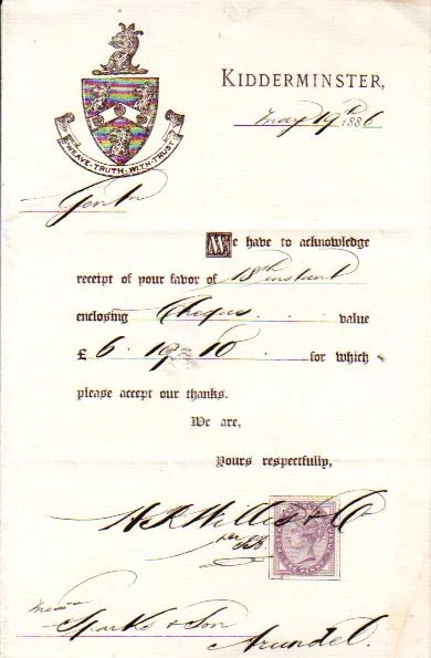 HS 4070 - Receipt from Kidderminster with armorial crest 'Weave truth with trust' of H.R. Willis & Co, carpet makers