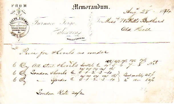 HS 4068 - Memorandum from Joseph Sidaway, Furnace Forge, Halesowen 1884