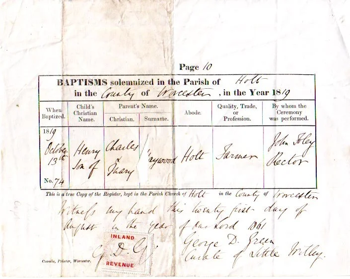 HS 4069 - Baptism certificate for Henry, son of Charles & Mary Haywood, Farmer, Holt, performed by John Foley, Rector.