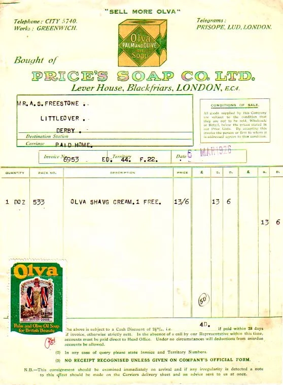 HS 3193 - Invoice from Price's Soap Co Ltd, Lever House, Blackfriars, London 1926