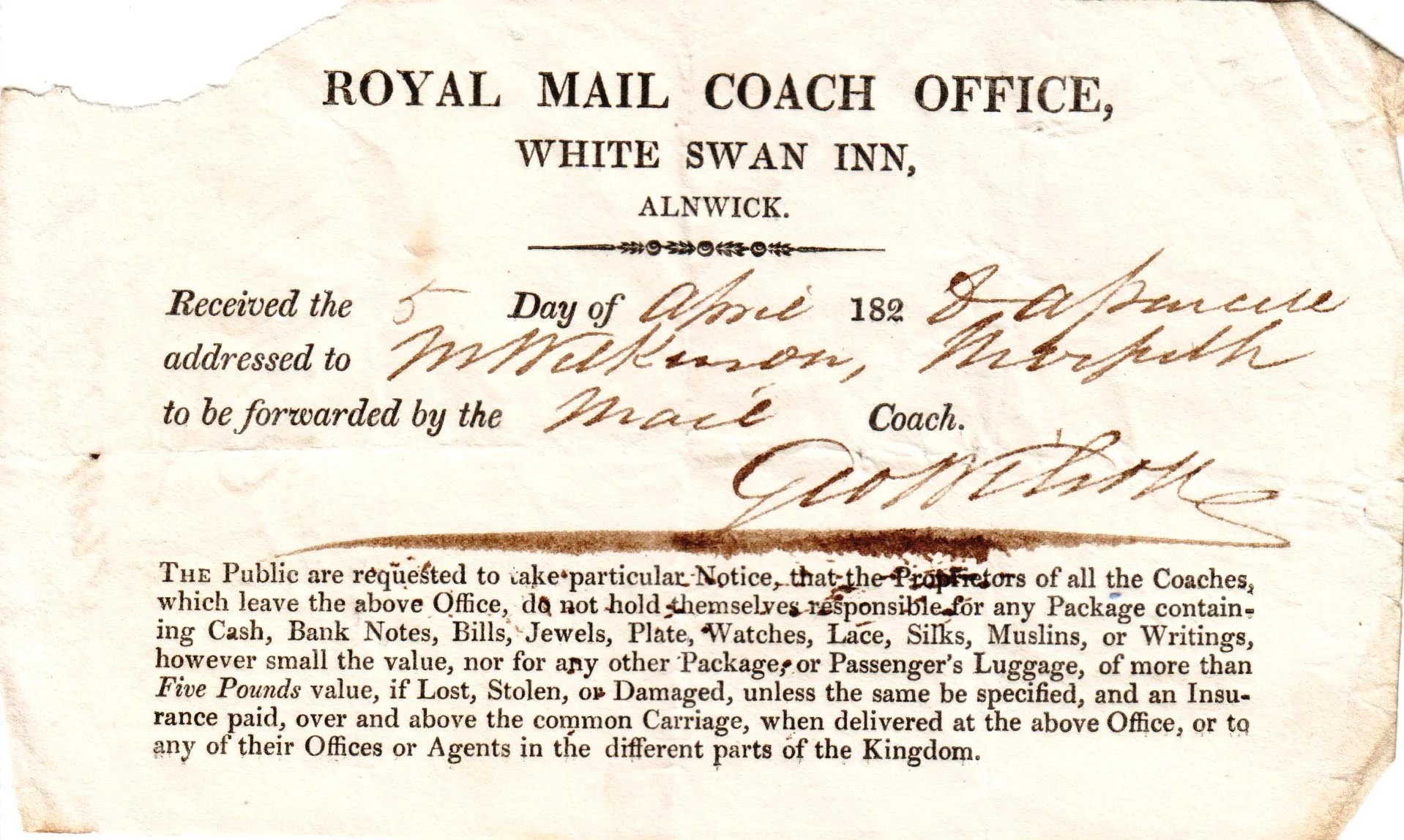 HS 57 - Receipt from the Royal Mail Coach Office, Alnwick 1828