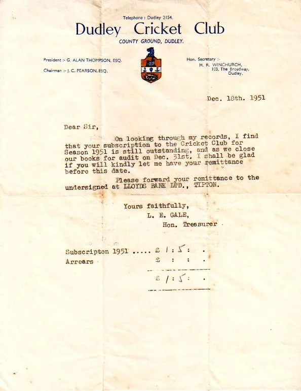HS 4062 - Typed letter from L.E. Gale, Treasurer, Dudley Cricket Club 1951