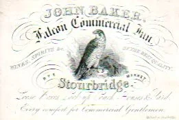 HS 4056 - Porcelain trade card from John Baker, Falcon Commercial Inn, Stourbridge, engraved by Mellard, Stourbridge.