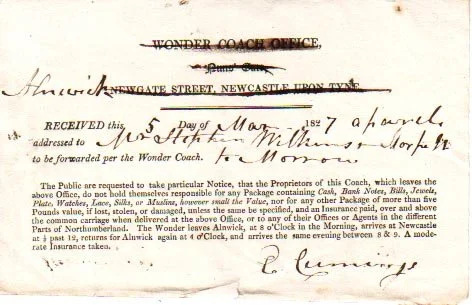 HS 4049 - Receipt printed for the Wonder Coach Office, Nuns' Gate, Newcastle 1827