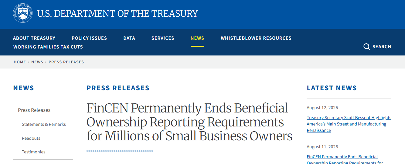 FinCEN Permanently Ends Beneficial Ownership Reporting Requirements for Millions of Small Business Owners