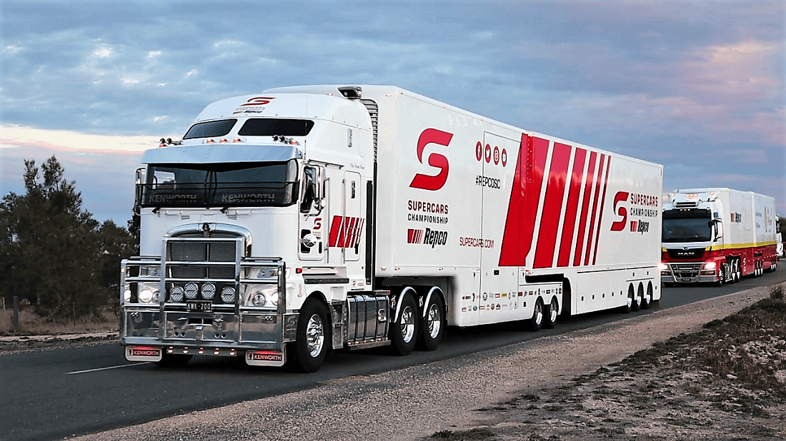 WATCH SUPERCARS TRANSPORTERS PARADE THROUGH TAILEM BEND — Trucks at