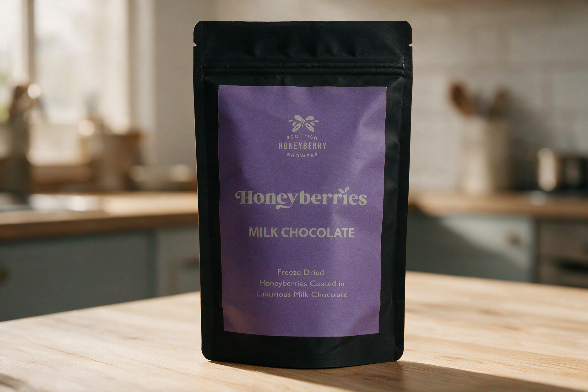 Packet of milk chocolate honeyberries