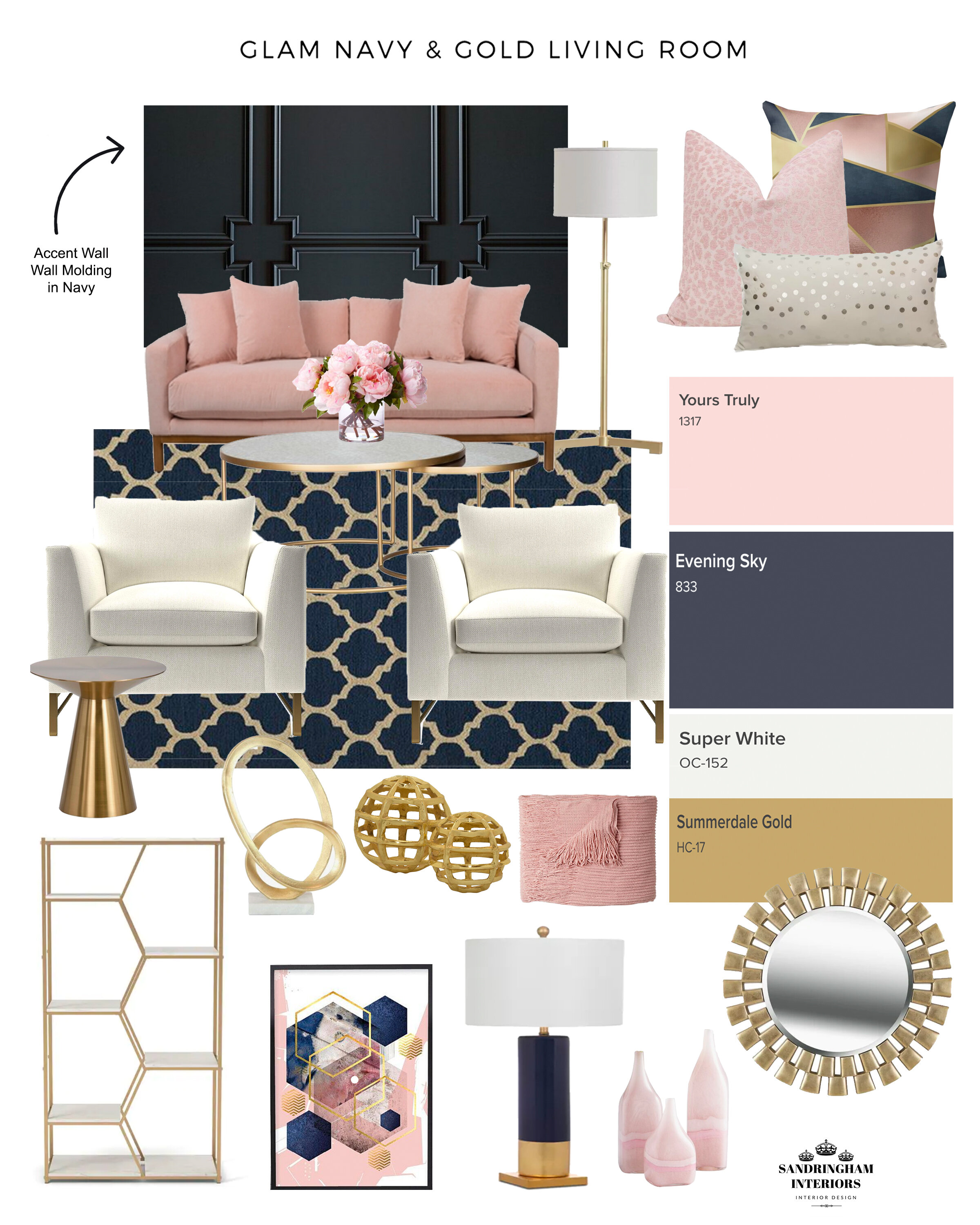 Glam Navy Pink Gold Living Room, Gold Feature Wall Living Room Design