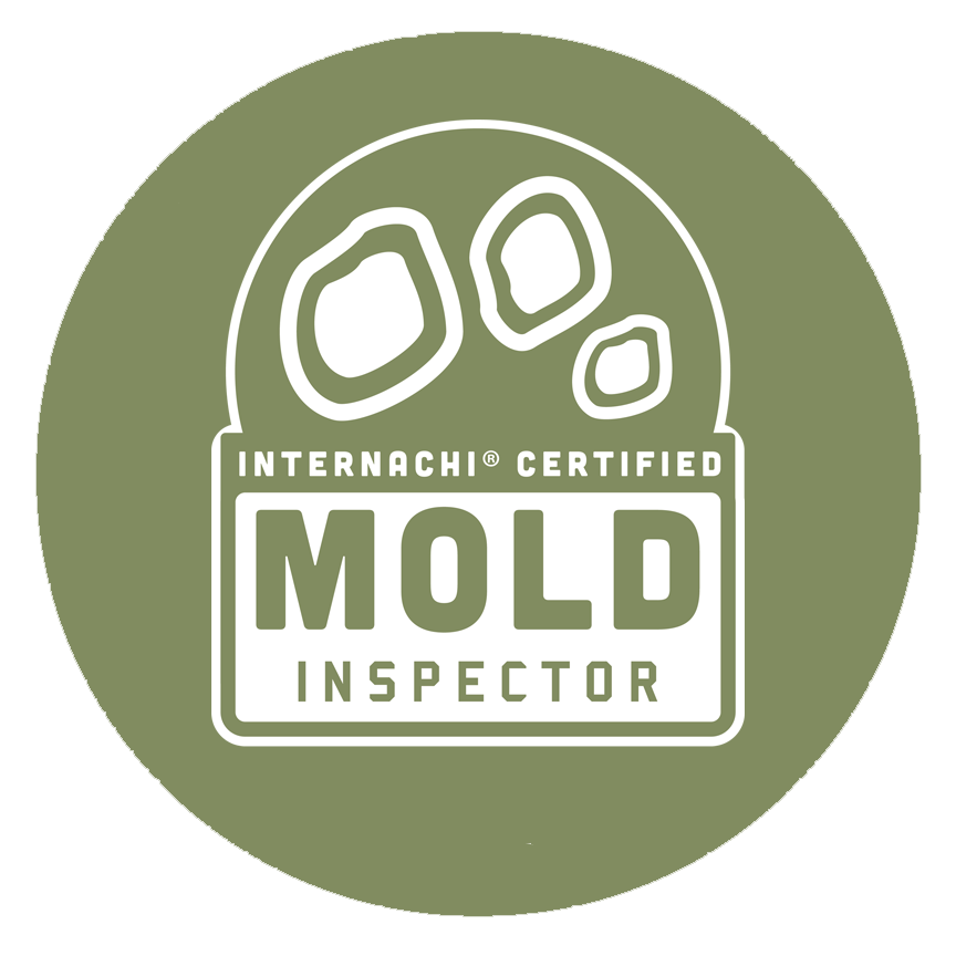 Circular green badge with white outline icon of three irregularly shaped stones, and text that reads 'INTERNACHI CERTIFIED MOLD INSPECTOR'.