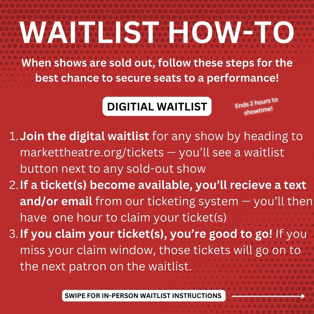 🎟️ WAITLIST HOW-TO 🎟️ 

With this weekend&rsquo;s performances of JERSEY BOYS s&oslash;ld out and just 3 (!!!) tickets remaining for next weekend, we wanted to share how Market&rsquo;s ticket waitlists work! We have two waitlist options: digital an