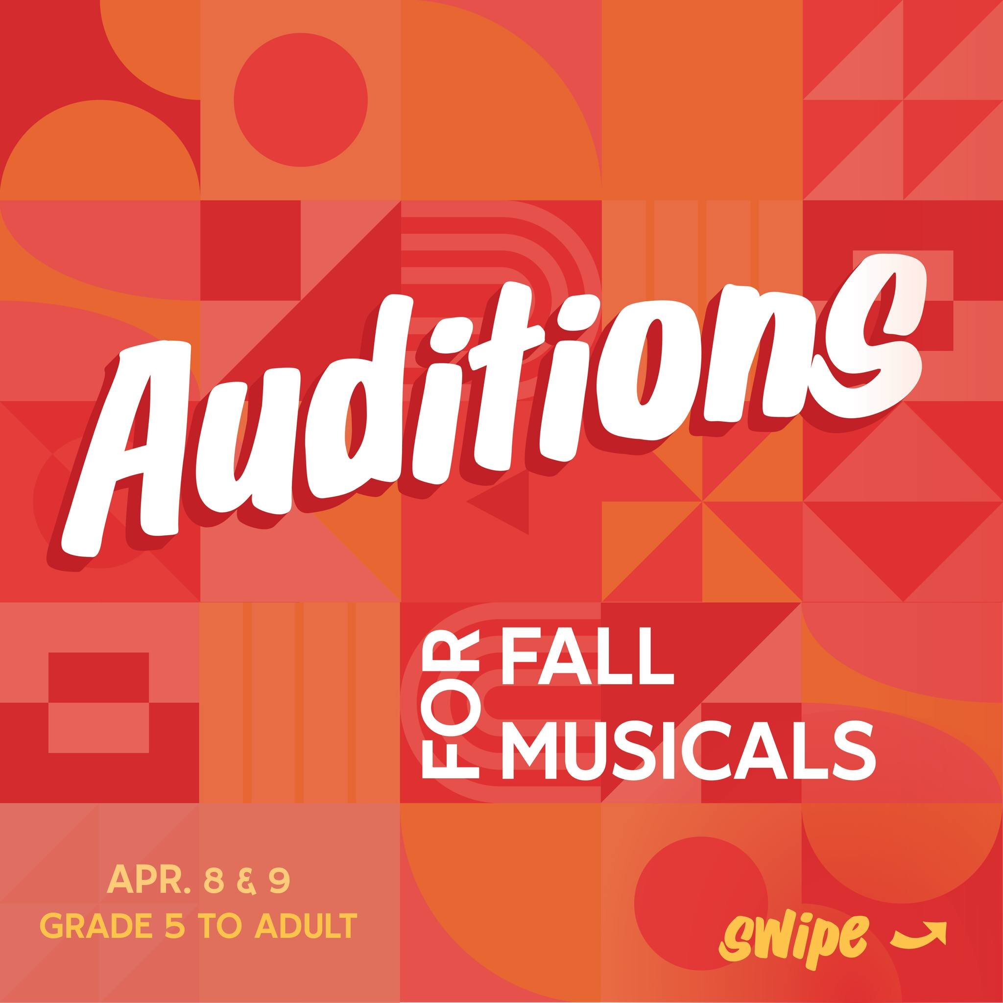 📢 FALL AUDITION NOTICE 📢 Auditions for our three remaining musicals of the season are coming up! Slide above for all dates &amp; times and head to our website (link in bio) for the important details. NEW: You&rsquo;ll also see links there to reserv