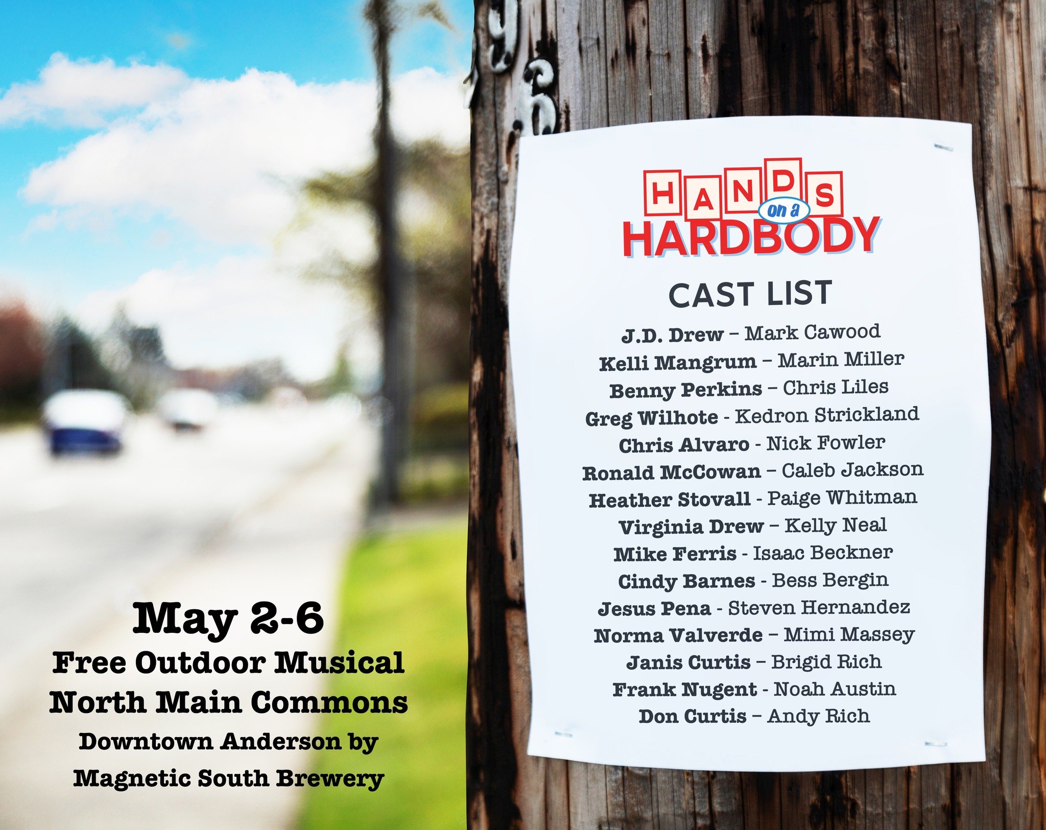 Announcing the cast of our next FREE outdoor musical, HANDS ON A HARDBODY! 

A musical about a truck? Sign us up! Featuring fantastic country &amp; bluegrass music, a stranger-than-fiction true story, and a vibe that is undeniably Southern, this show