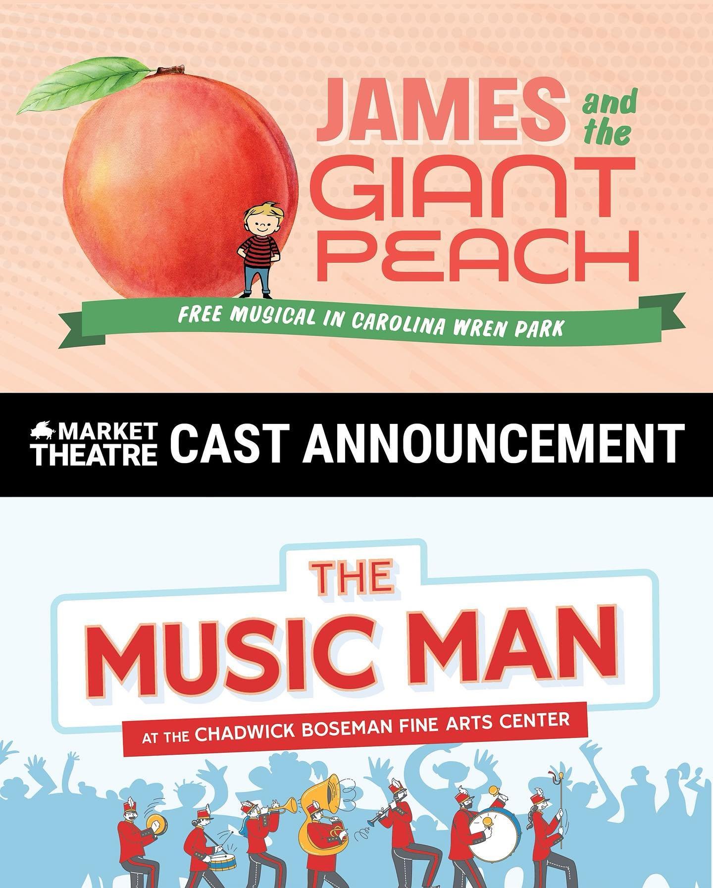 The cast announcements keep coming this week! 🤩 Presenting to you the casts of JAMES AND THE GIANT PEACH &amp; THE MUSIC MAN! 

We cannot wait to bring JAMES to one of our audiences favorite spaces, Carolina Wren Park, and to present MUSIC MAN in a 