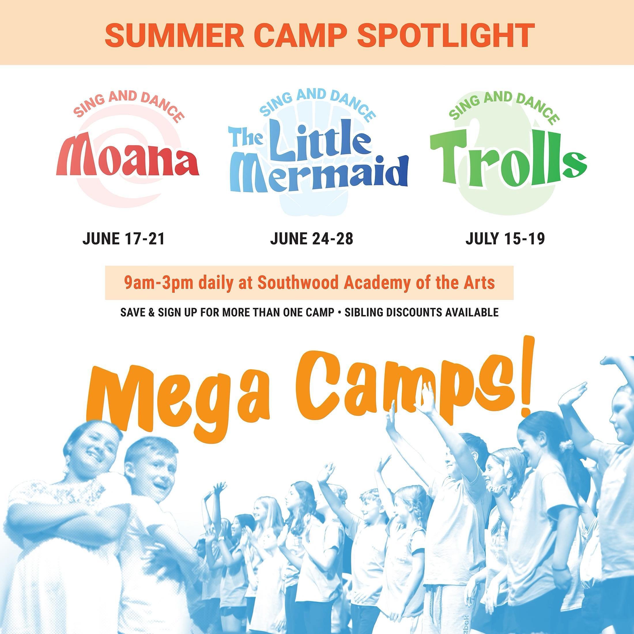 SUMMER CAMP SPOTLIGHT: Mega Camps! 🎭 

Our biggest &amp; most popular camps are back &amp; better than ever&hellip;but enrollment space is running low! Register your 2nd-6th grade student now for a week spent exploring songs &amp; dance from their f
