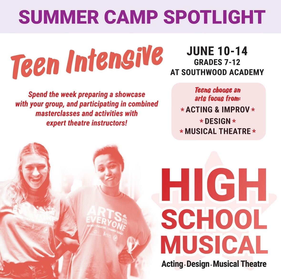SUMMER CAMP SPOTLIGHT: Teen Intensive! ⭐️ 

This summer we&rsquo;re rolling out a brand new program for teens that&rsquo;s sure to be challenging, exciting, and a ton of fun &mdash; Teen Intensive: High School Musical. 

Teens will choose their focus