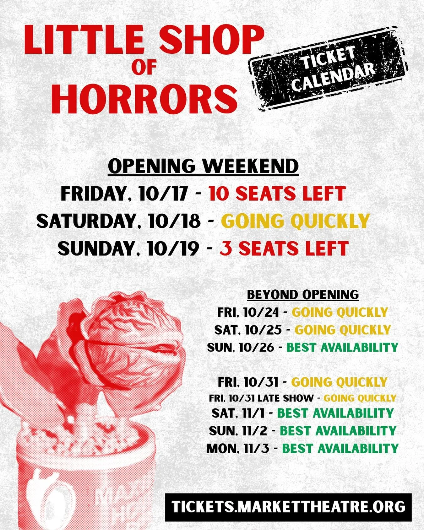 Tickets are flying for LITTLE SHOP OF HORRORS, opening Friday, October 17! 🤯

So don&rsquo;t wait until it&rsquo;s too late &mdash; head to tickets.markettheatre.org now to secure your seats 🎟️ 

This classic camp horror comedy runs Oct. 17 - Nov. 