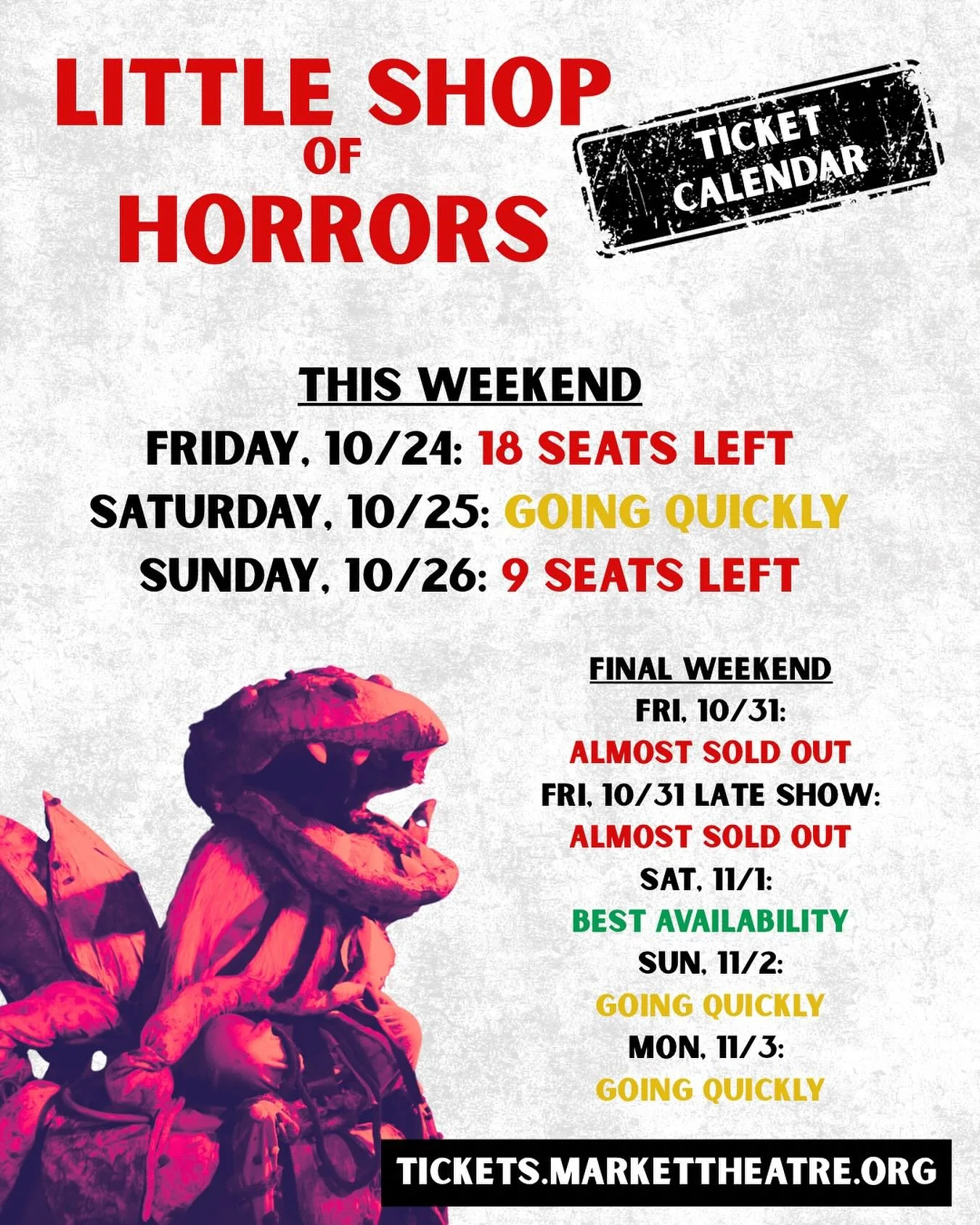 LITTLE SHOP OF HORRORS is BACK tonight! Following a packed opening weekend, you don&rsquo;t want to miss your chance to see &ldquo;a perfect bloom of the ridiculous and the sublime&rdquo; (Anderson Observer) 🤩

Very limited seats remain &mdash; head