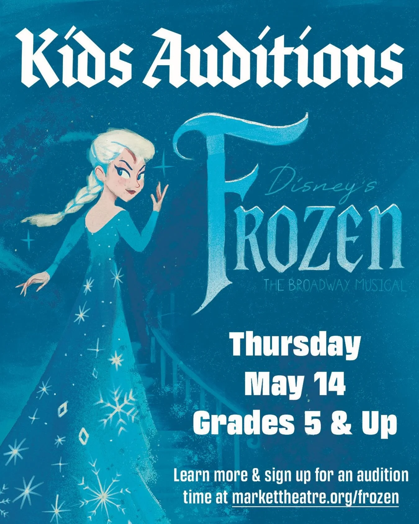 AUDITION ALERT 🚨 Kids Auditions for Disney&rsquo;s FROZEN will take place on Thursday, May 14 for rising 5th graders and up ❄️ Head to markettheatre.org/frozen for details, preparation materials, and to sigh-up for an audition slot! 

Note: Adult au