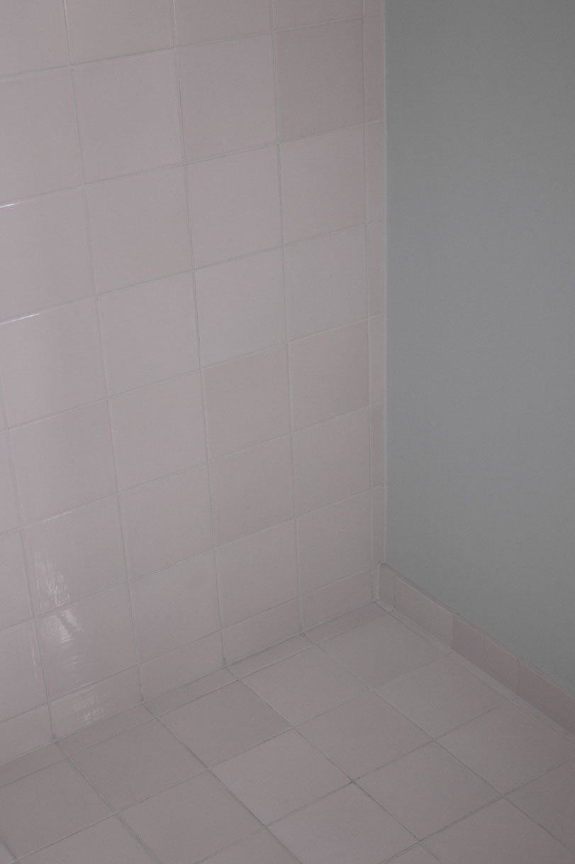Wall and floor with clay tiles in format 15x15x1 cm glazed with 'Moss Shiny Crystal' 