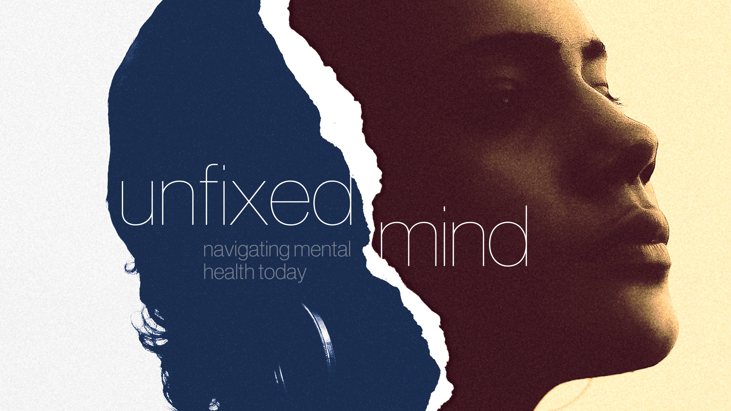 An image of a black person with text: Unfixed minds - navigating mental health today