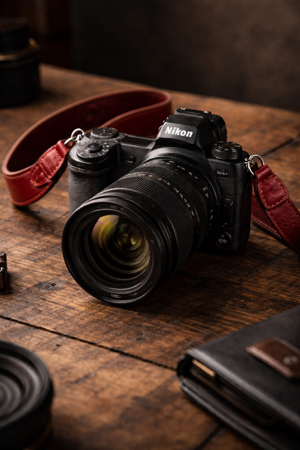 A Nikon camera with a red strap placed on a wooden table.