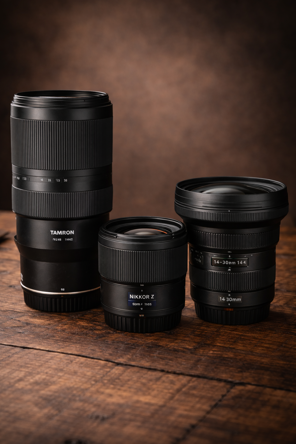 Three camera lenses on a wooden surface with a brown, textured background.